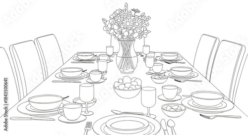 A detailed line art illustration of a formal dining table set with elegant dinnerware, chairs, and a floral centerpiece, ready for a meal.