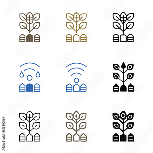 Collection of smart agriculture icons representing automated farming technology and sustainable crop management