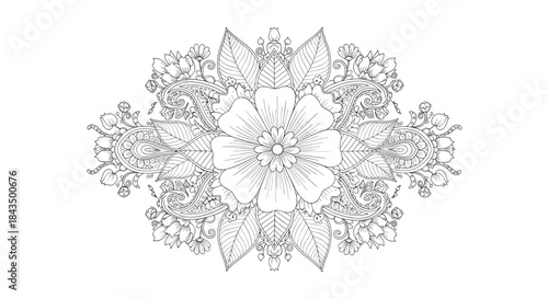 Intricate black and white floral ornamental design with a central flower and symmetrical botanical elements.