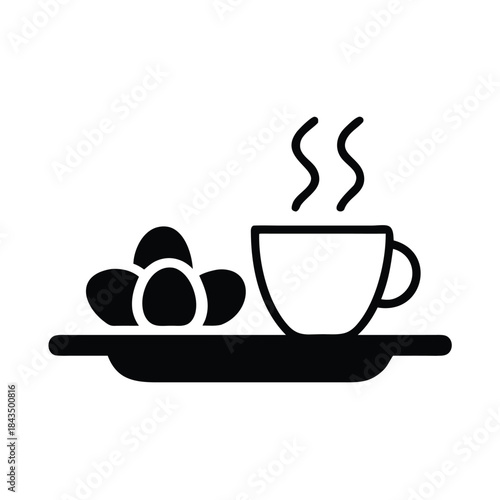 Simple black and white icon representing a hot beverage and pastry served on a small tray