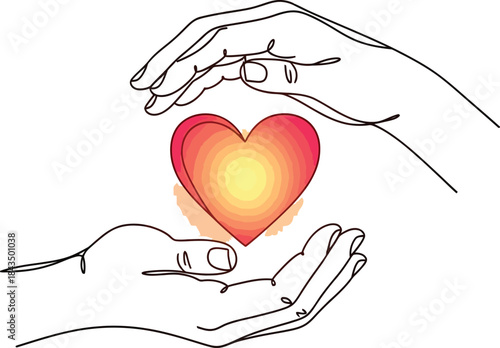 Guiding Light of the Heart: Two hands gently cradle a radiant heart, symbolizing compassion, support, and the preciousness of life. The image resonates with warmth, connection.