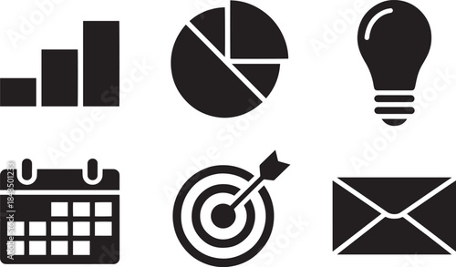 Business and finance icons set including bar chart pie chart lightbulb calendar target envelope