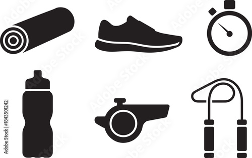 Yoga mat, running shoe, stopwatch, water bottle, whistle, and jump rope set