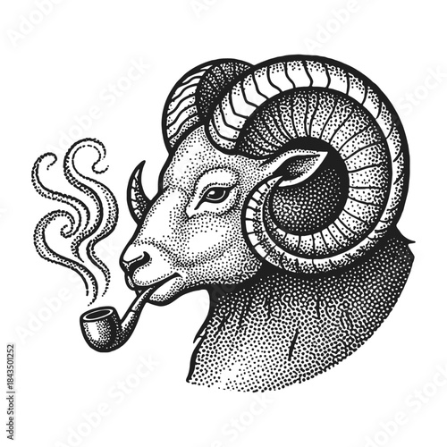 ram with large curled horns smoking a pipe, retro halftone stipple effect style animal portrait illustration