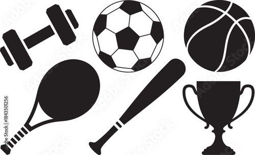 Dumbbell, soccer ball, basketball, tennis racket, baseball bat, and trophy set