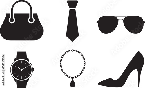 Handbag, necktie, sunglasses, wrist watch, necklace, and high heel shoe set