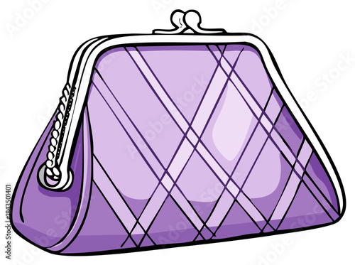 Stylish purple quilted clutch purse with metal frame and chain detail, isolated on white