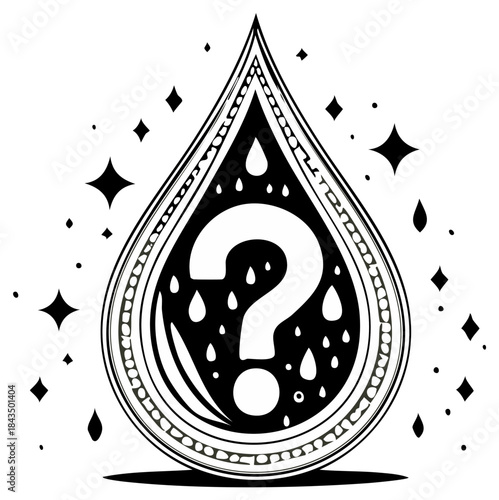 Black and white illustration of a question mark within a decorative water drop surrounded by sparkling stars