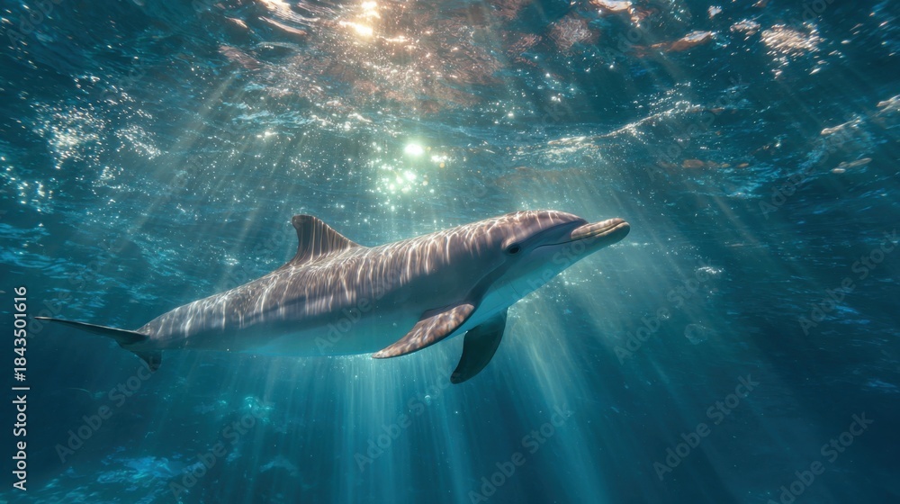 Fototapeta premium Dolphin swimming in clear water with sunlight shining from the surface during midday in the ocean