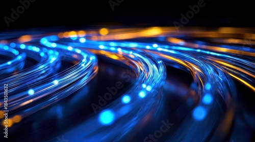 Glowing fiber macro glass surfaces catch refract blue amber light creating mesmerizing curves and ethereal glow trails on dark background photography