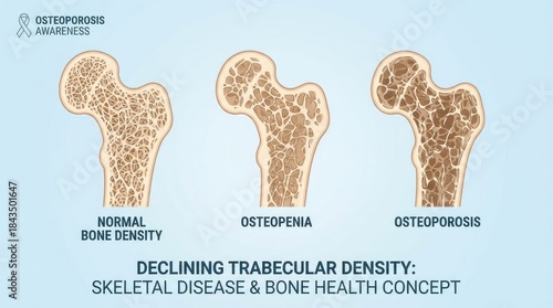 Illustration comparing normal bone density osteopenia and osteoporosis trabecular bone structure skeletal