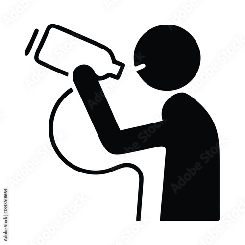 Simple black and white pictogram illustrating a person drinking water from a reusable sports bottle icon