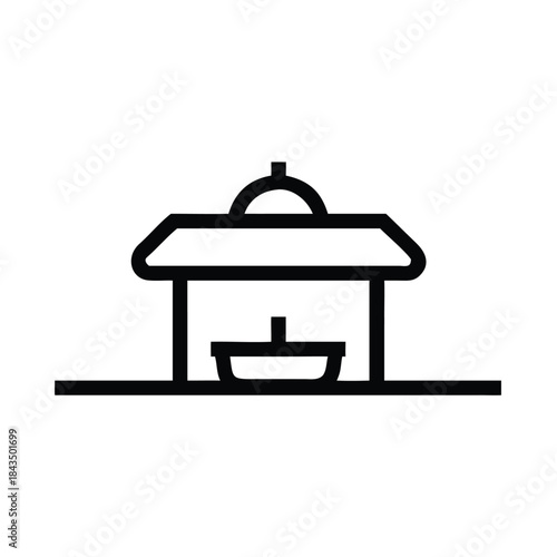 Simple black line art icon representing a traditional water well structure with a bucket underneath