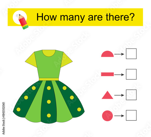 Math activity for kids. How many geometric shapes? Dress for girl.