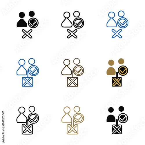 Set of icons representing user selection approval rejection and voting processes in various styles