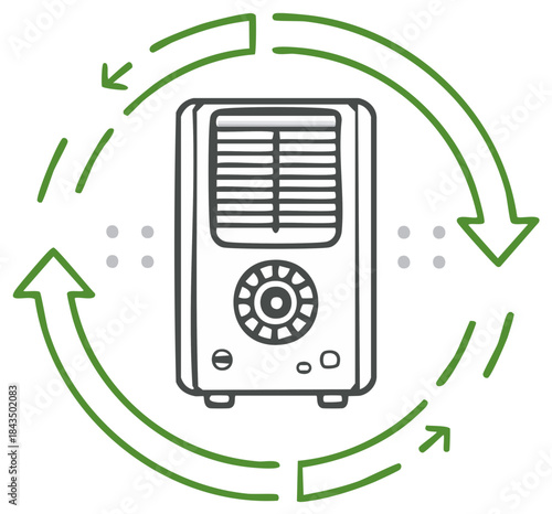 Air Purifier Illustration Showing Airflow, Filtration Process, and Cycling Process with Circular Arrows and Controls.