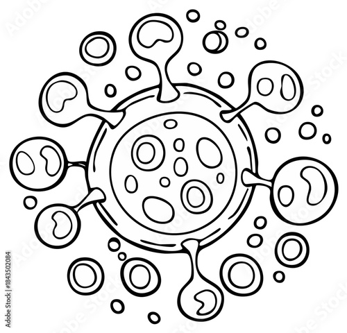 Black and white hand drawn illustration of a virus or microbe cell.