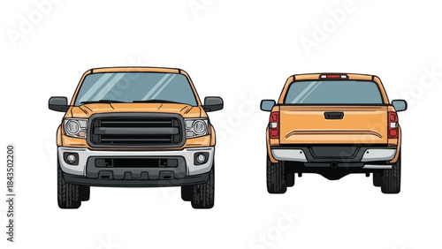 Front and Rear View of an Orange Pickup Truck Illustration