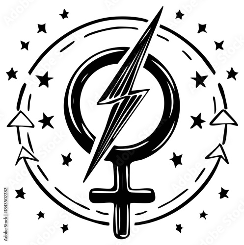 Feminine power symbol with lightning bolt and stars in circular emblem