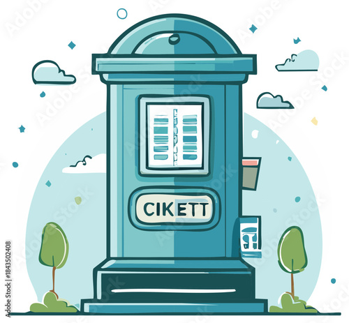 Blue Ticket Machine Illustration with Landscape Elements in Whimsical Cartoon Style