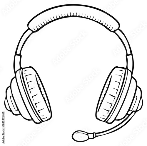 Monochrome line art drawing of a communication headset with a boom microphone
