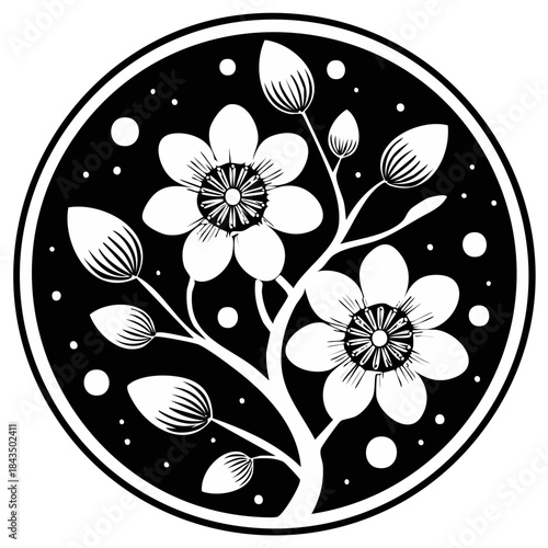 Graphic black and white flowering branch with blossoms and buds in a circular medallion icon