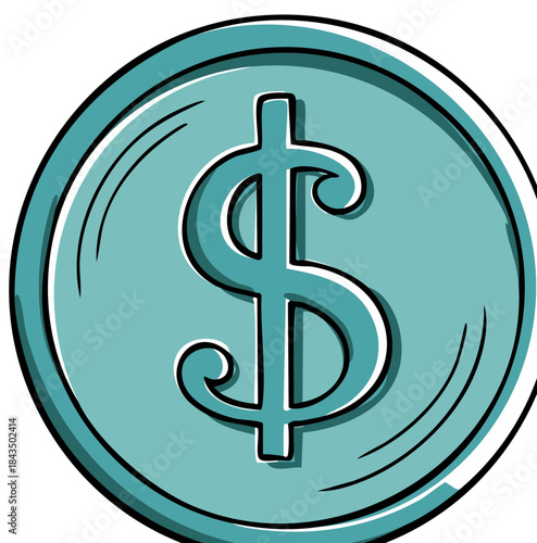 Teal Dollar Coin Symbol Illustration With Shadow Effect