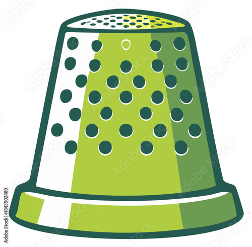 Stylized lime green thimble, metal sewing finger protector with dark green polka dots and perforations at top