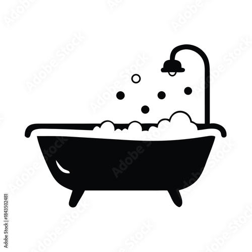 Simple black and white icon of a clawfoot bathtub filled with bubbles and a showerhead