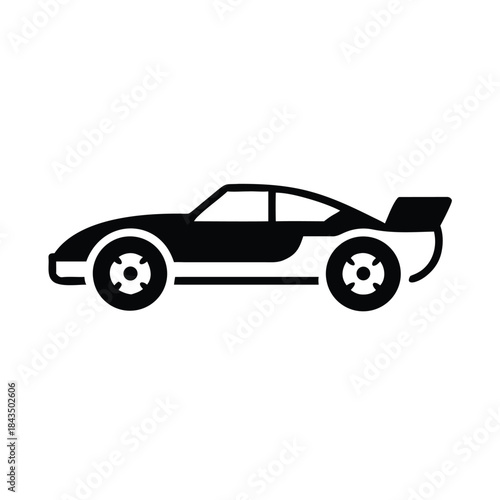 Sleek black and white vector icon representing a modern sports car with a large rear spoiler