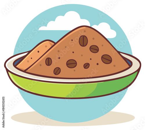 Illustrated green bowl overflowing with rich coffee grounds and scattered whole coffee beans