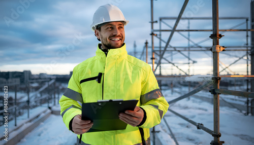 Construction Worker in High Visibility Jacket Inspecting Scaffolding on Site.
