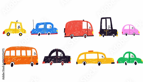 Collection of charming hand-drawn cartoon vehicles, perfect for children's illustrations and educational content