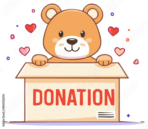 Cute cartoon teddy bear holding donation box with hearts and caring message