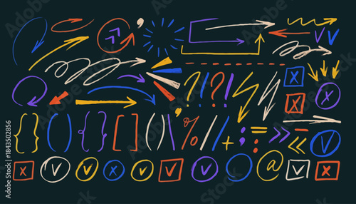 Colorful Collection of Hand-Drawn Chalk Style Graphic Arrows, Pointers, Symbols, Brackets, and Annotation Marks for Visual Communication Designs and Creative Projects