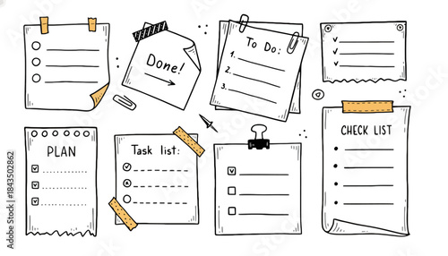 Hand-drawn collection of empty sticky notes, to-do lists, and checklist templates for organizing tasks and planning projects, vector illustration