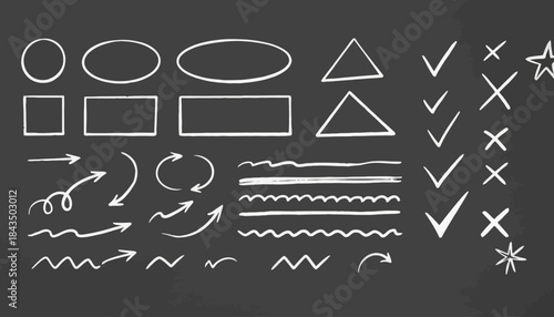 Set of Hand-Drawn Shapes, Arrows, and Symbols on a Chalkboard Background