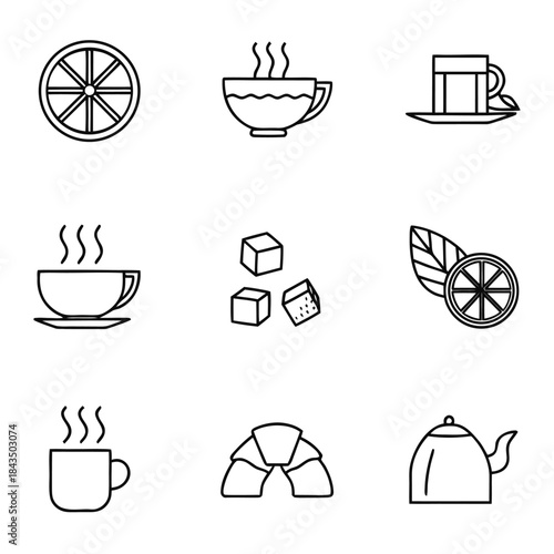 Black line icons set representing hot beverages breakfast elements and tea time refreshment ingredients