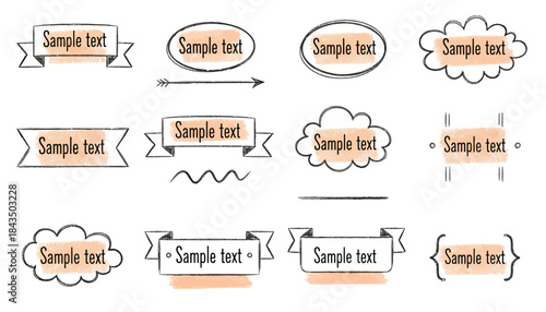 Collection of doodle-style banners and text boxes with watercolor accents, perfect for design and journaling