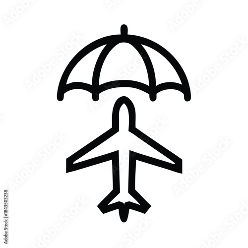Simple black line icon representing travel insurance protection for air transportation and flights