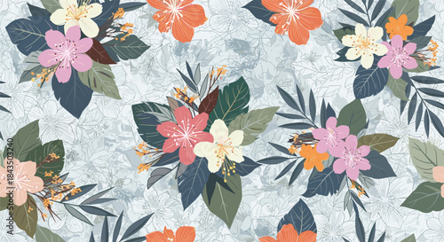 A vibrant seamless pattern featuring bouquets of diverse tropical flowers and lush foliage on a textured light blue background, perfect for textiles or digital designs.