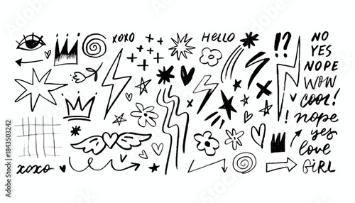 Dynamic Hand-Drawn Doodle Graphic Elements Set Expressive Collection of Playful Symbols, Arrows, Hearts, Stars, and Speech Bubbles for Creative Design Projects and Youthful Visual Communication