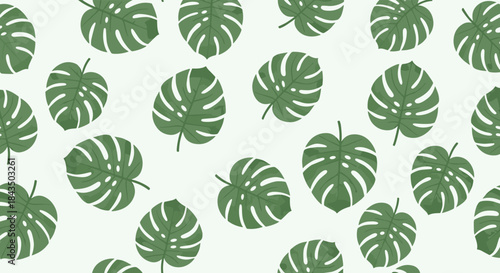 A cheerful and refreshing seamless pattern featuring an array of stylized green Monstera leaves on a soft white background, evoking a tropical feel.