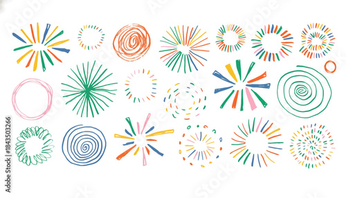 Colorful abstract doodles and scribbles, creative designs, artistic elements, isolated on white background