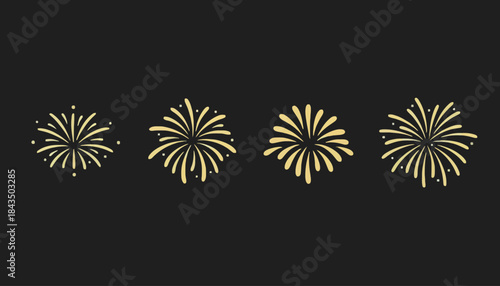 Golden Firework Bursts Isolated on Dark Background, Celebratory Event Graphics