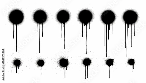 Black spray paint circles with dripping effect, abstract graffiti elements for design