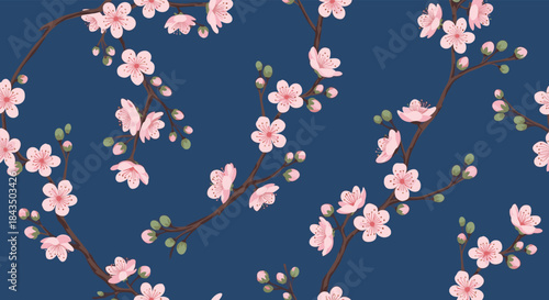 Elegant seamless pattern of delicate pink cherry blossoms on dark branches with green buds against a deep navy blue background, perfect for textiles and decor.