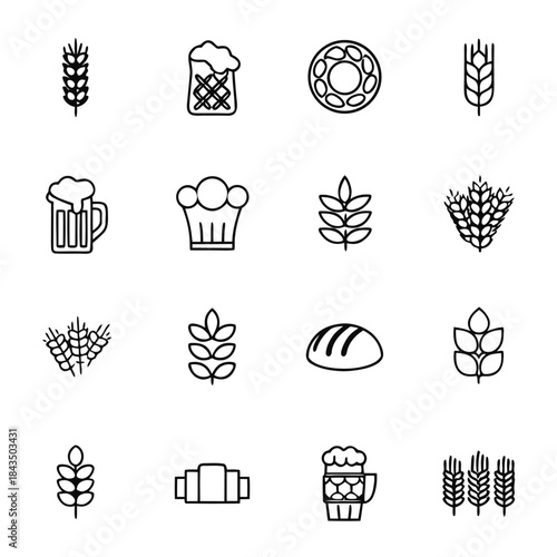 Collection of black outline icons representing baking brewing and grain elements for food design