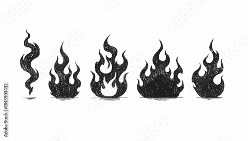 Set of stylized fire flame icons in various shapes and sizes, perfect for graphic design