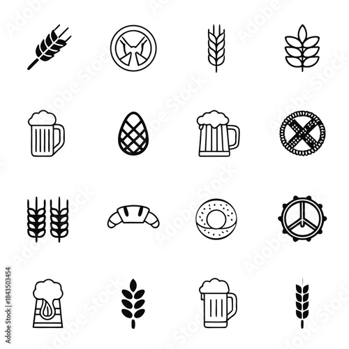 Collection of black and white line icons representing beer brewing ingredients and baked goods